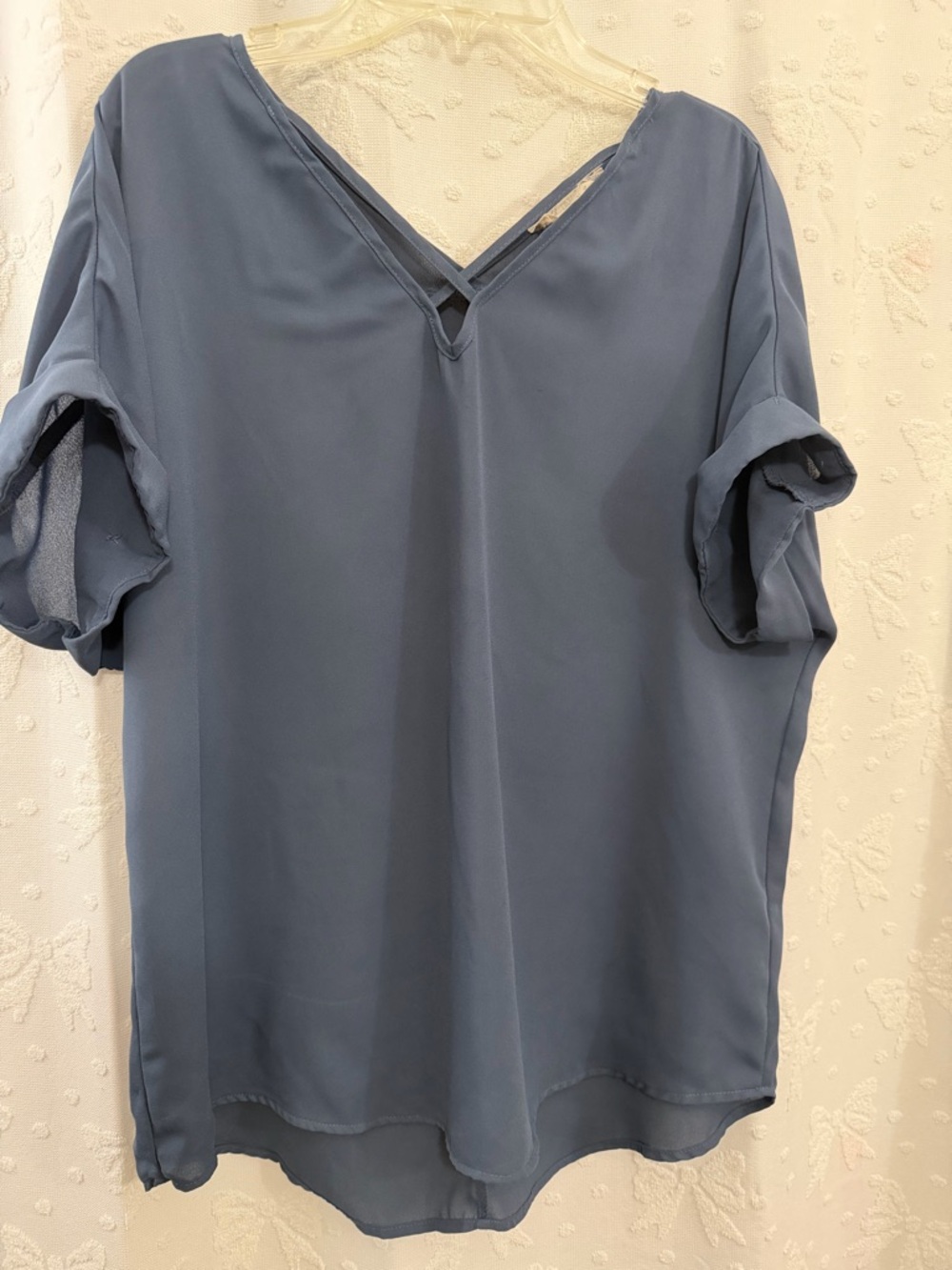Pink Rose Slate Blue V-Neck Short Sleeve Blouse